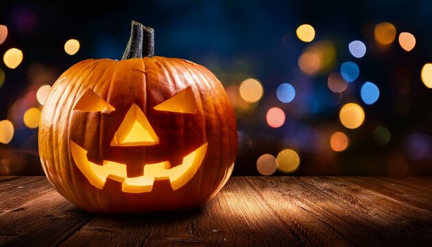 halloween jack o lantern glowing in the dark with festive bokeh lights concept of spooky autumn celebration