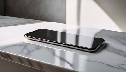 대리석 상판 위에 스마트폰이 놓여 있고,  화면에 빛이 반사되고 있다
