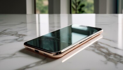 대리석 상판 위에 스마트폰이 놓여 있고,  화면에 빛이 반사되고 있다