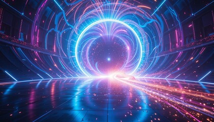 Fototapeta premium Dynamic energy portal futuristic realm digital art neon environment low angle sci-fi concept