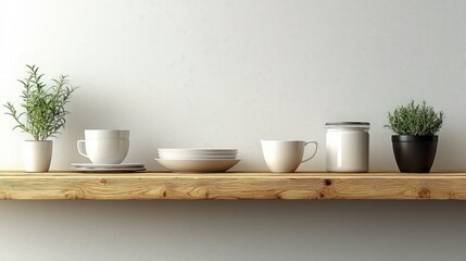 Obraz premium Rustic shelf, kitchenware, herbs, white wall. Food blog, website