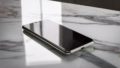 대리석 상판 위에 스마트폰이 놓여 있고,  화면에 빛이 반사되고 있다