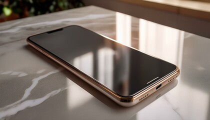 대리석 상판 위에 스마트폰이 놓여 있고,  화면에 빛이 반사되고 있다