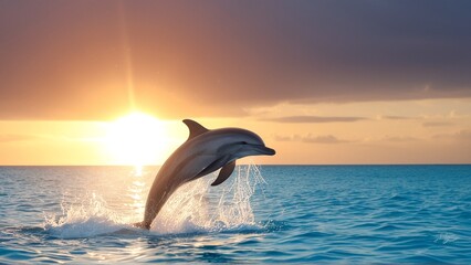 A dolphin leaps joyfully in the ocean at sunset, creating a sparkling splash.