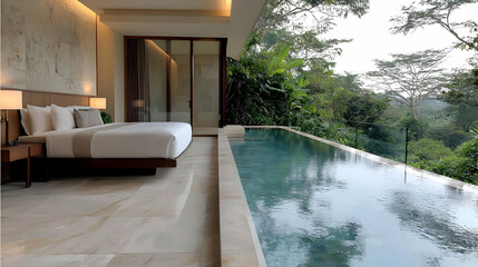 Luxury hotel room with infinity pool, jungle view
