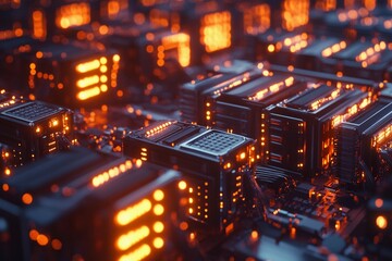 Cryptocurrency mining farm with rows of glowing servers