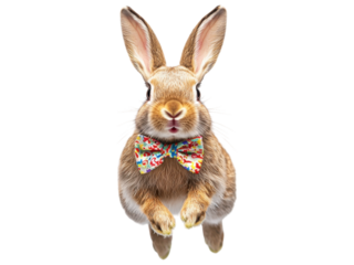 A playful rabbit wearing a colorful bow tie, isolated on a white background, perfect for festive and cheerful themes.