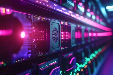 A digital illustration of a cryptocurrency mining farm featuring rows of glowing servers