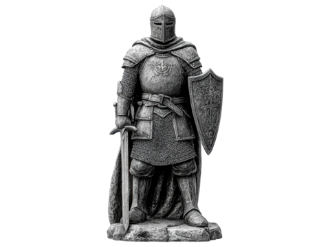 A detailed knight statue with armor, shield, and sword, standing proudly on a white isolated background.