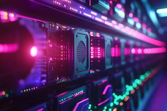 A digital illustration of a cryptocurrency mining farm featuring rows of glowing servers - Powered by Adobe