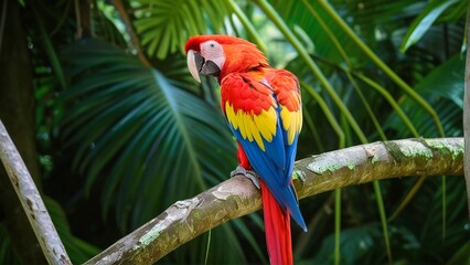 A vibrant macaw perched on a branch, surrounded by lush green foliage.