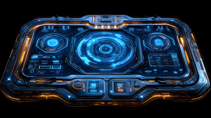 Obraz premium Futuristic digital interface with glowing blue and orange elements on transparent screen, showcasing advanced technology and innovation