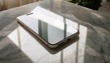 대리석 상판 위에 스마트폰이 놓여 있고,  화면에 빛이 반사되고 있다