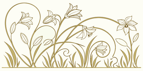 Generate a structured art-deco floral pattern with sharp golden lines and elegant curves.