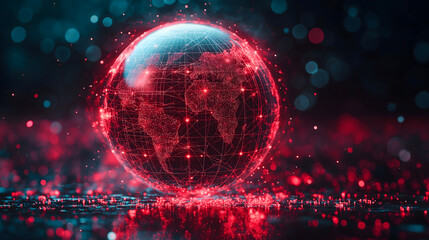 Obraz premium glowing digital globe with network of connections represents global communication and cybersecurity. red and blue hues create futuristic atmosphere, highlighting importance of technology modern