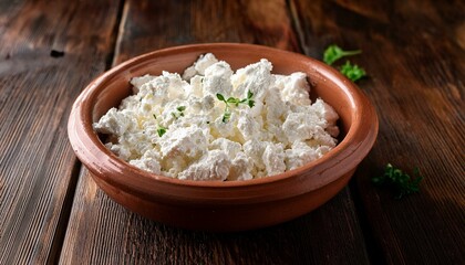 Fresh crumbled feta cheese in a traditional terracotta bowl