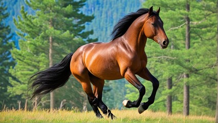 A majestic brown horse with a black mane and tail, galloping gracefully through a lush green forest.