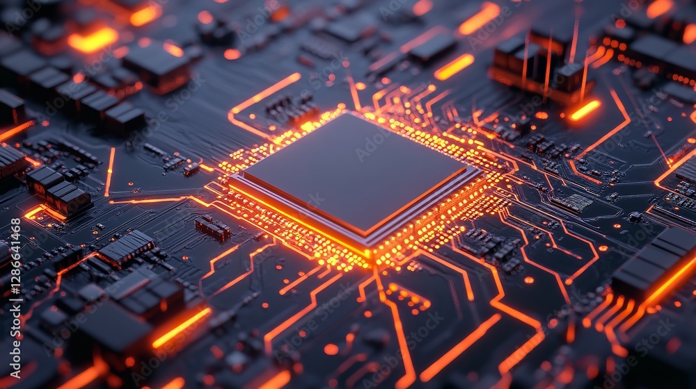Aufkleber abstract technology background digital circuit board glowing orange lines modern processor powerful 