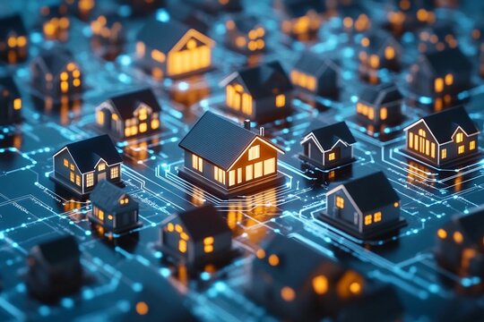 A futuristic representation of blockchain in real estate with interconnected digital structures