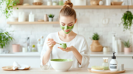 Diy green face mask application home spa lifestyle tutorial serene environment close-up view skincare routine