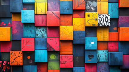 A dynamic poster featuring bright squares in various hues, each holding inspiring words or creative illustrations 