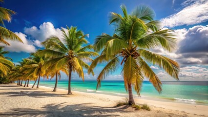 Warm sunlight filters through palm trees swaying in the gentle ocean breeze at Varadero beach with crystal clear turquoise water and white sandy shore , white sand, sunny day