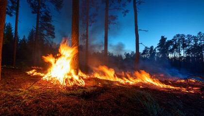 Burning fire in forest at night
