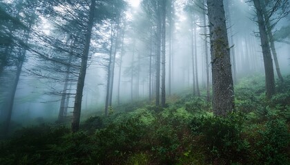 Forest in heavy fog with eerie atmosphere