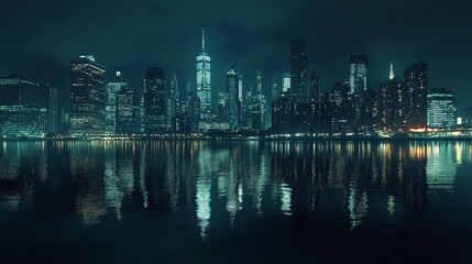 Fototapeta premium A dreamy reflection of a city skyline on calm water at night.