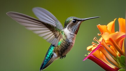 Fototapeta premium A hummingbird hovering near vibrant orange flowers, showcasing its iridescent feathers and delicate wings.