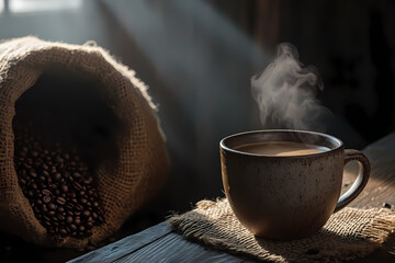 Aromatic Coffee Break: A steaming cup of freshly brewed coffee sits on a rustic burlap sack. The scene captures a moment of pure indulgence with the comforting aroma filling the air. 