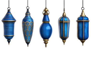Obraz premium Set of decorative hanging lamps with intricate designs in blue and gold, isolated on a white background.