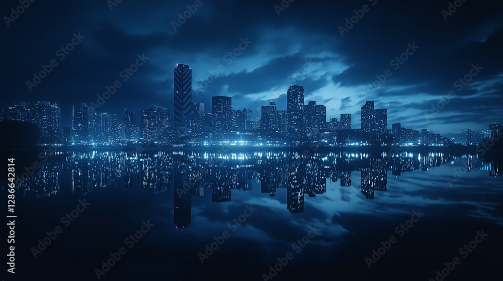 Poster A dreamy reflection of a city skyline on calm water at night.