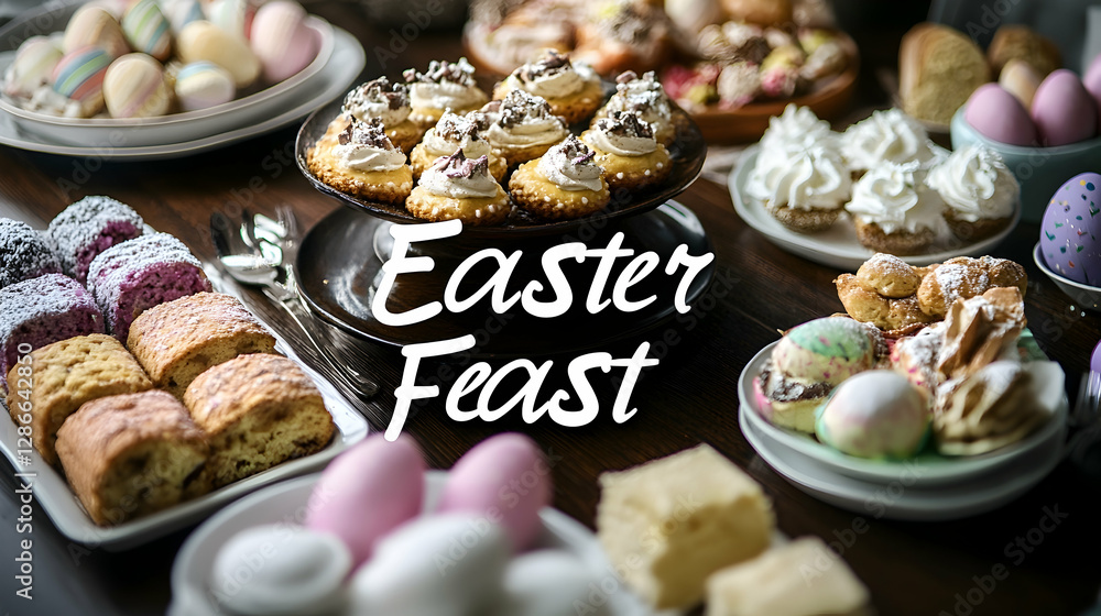 Poster a warm easter brunch table with an array of homemade treats, 