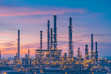 Obraz premium Industrial Silhouette: The imposing silhouette of a large industrial plant complex against a breathtaking twilight sky. Capture the interplay of technology and nature. 