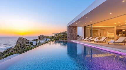 Fototapeta premium Sunset ocean view luxury villa pool