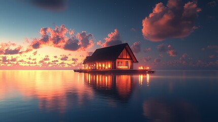 Sunset overwater bungalow, tropical ocean, calm waters, romantic getaway