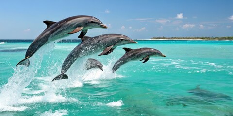 Fototapeta premium Dolphins Leaping Joyfully Above Turquoise Water Near Tropical Beach