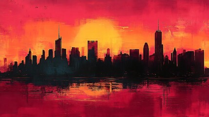 Fototapeta premium Fiery Sunset Cityscape Bold Silhouette Warm Color Palette. AI Generated