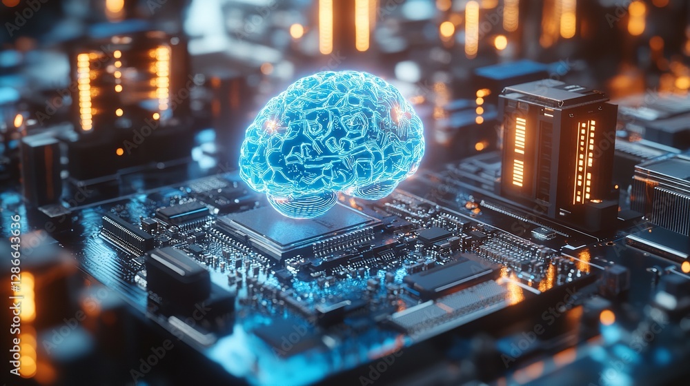Aufkleber digital brain circuit board technology ai neural network system future innovation data blue dark chi