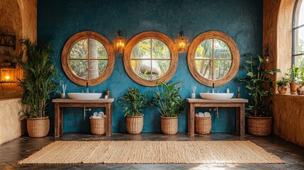 Tropical bathroom interior design, plants, sinks, windows