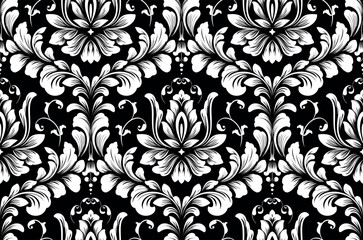 Wallpaper in the style of Baroque. White and black floral ornament. Seamless vector background. Graphic pattern for fabric, wallpaper, packaging. Ornate Damask flower illustration.