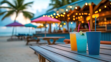 Refreshing Tropical Drinks on a Beachside Table Bar Setting Outdoor Vibe Relaxing Atmosphere Colorful Sunset View