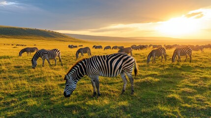 Fototapeta premium Majestic Zebras Grazing in Golden Grasslands at Sunset in African Savanna