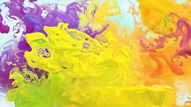 Colorful ink clouds swirl and mix in liquid, creating abstract fluid patterns with bright shades of yellow, orange, red, and purple.
