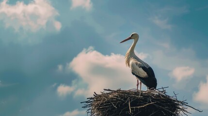 A stork gracefully perched in its nest under a bright sky