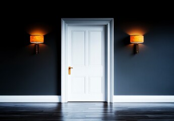 Elegant White Door Framed by Stylish Sconces in Dark Room with Wooden Floor and Ambient Lighting