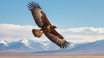 Naklejka premium A majestic bird soars over snow-capped mountains, its wings spread wide against a clear blue sky.