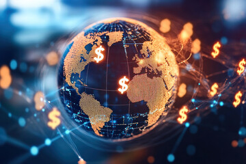 glowing globe with dollar signs and financial connections represents global economy and trade. image highlights international finance, currency exchange, and economic networks