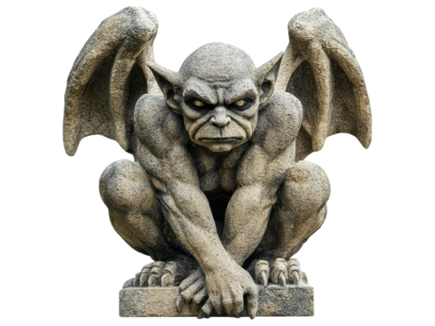 A detailed stone gargoyle statue with wings, showcasing a fierce expression, against a white isolated background.